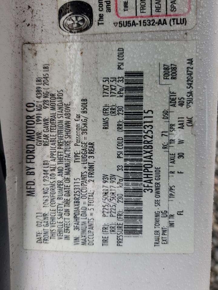 2011 Ford Fusion Sel VIN: 3FAHP0JAXBR253115 Lot: 84920004