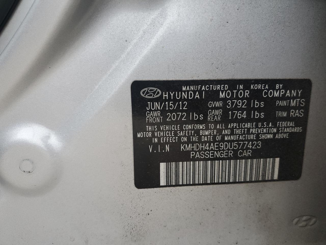 2013 Hyundai Elantra Gls VIN: KMHDH4AE9DU577423 Lot: 86206824