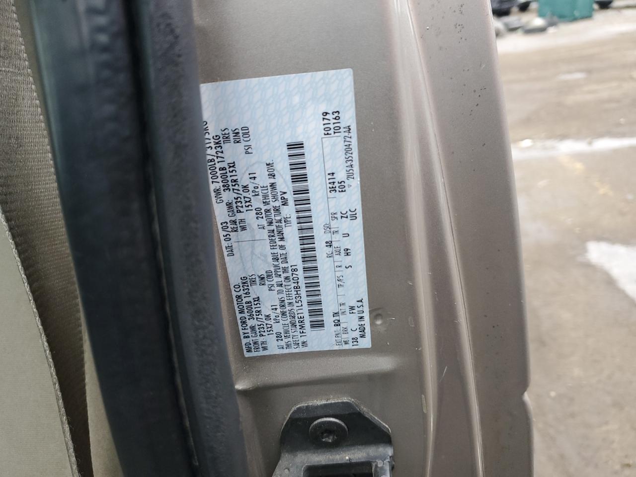 2003 Ford Econoline E150 Wagon VIN: 1FMRE11L53HB40781 Lot: 86338894