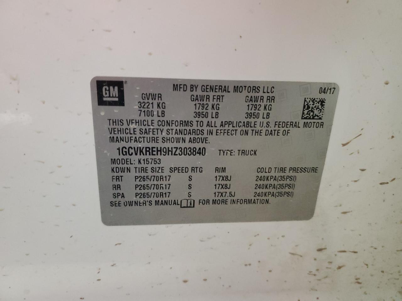 2017 Chevrolet Silverado K1500 Lt VIN: 1GCVKREH9HZ303840 Lot: 84478764