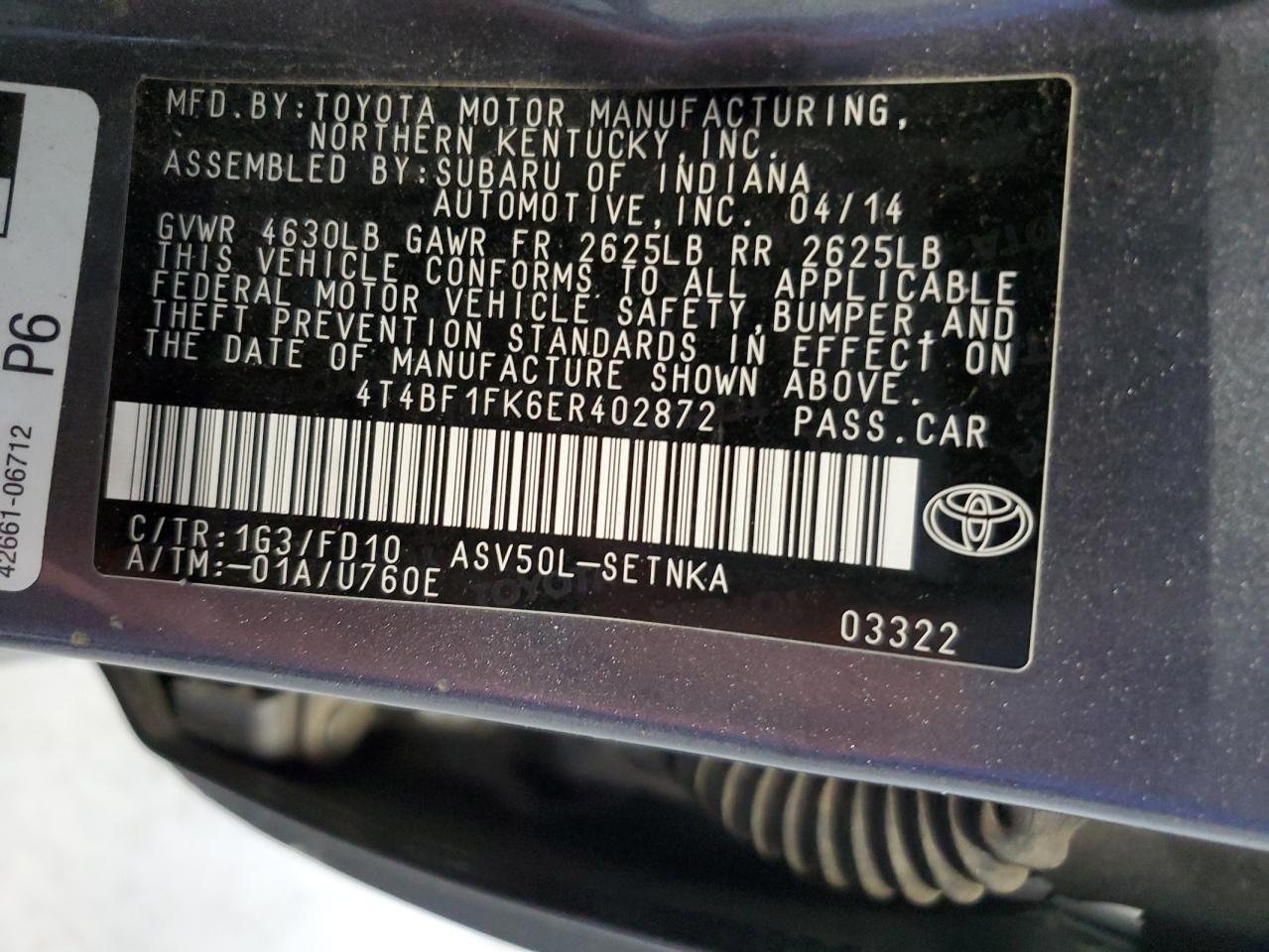 VIN 4T4BF1FK6ER402872 2014 TOYOTA CAMRY no.12