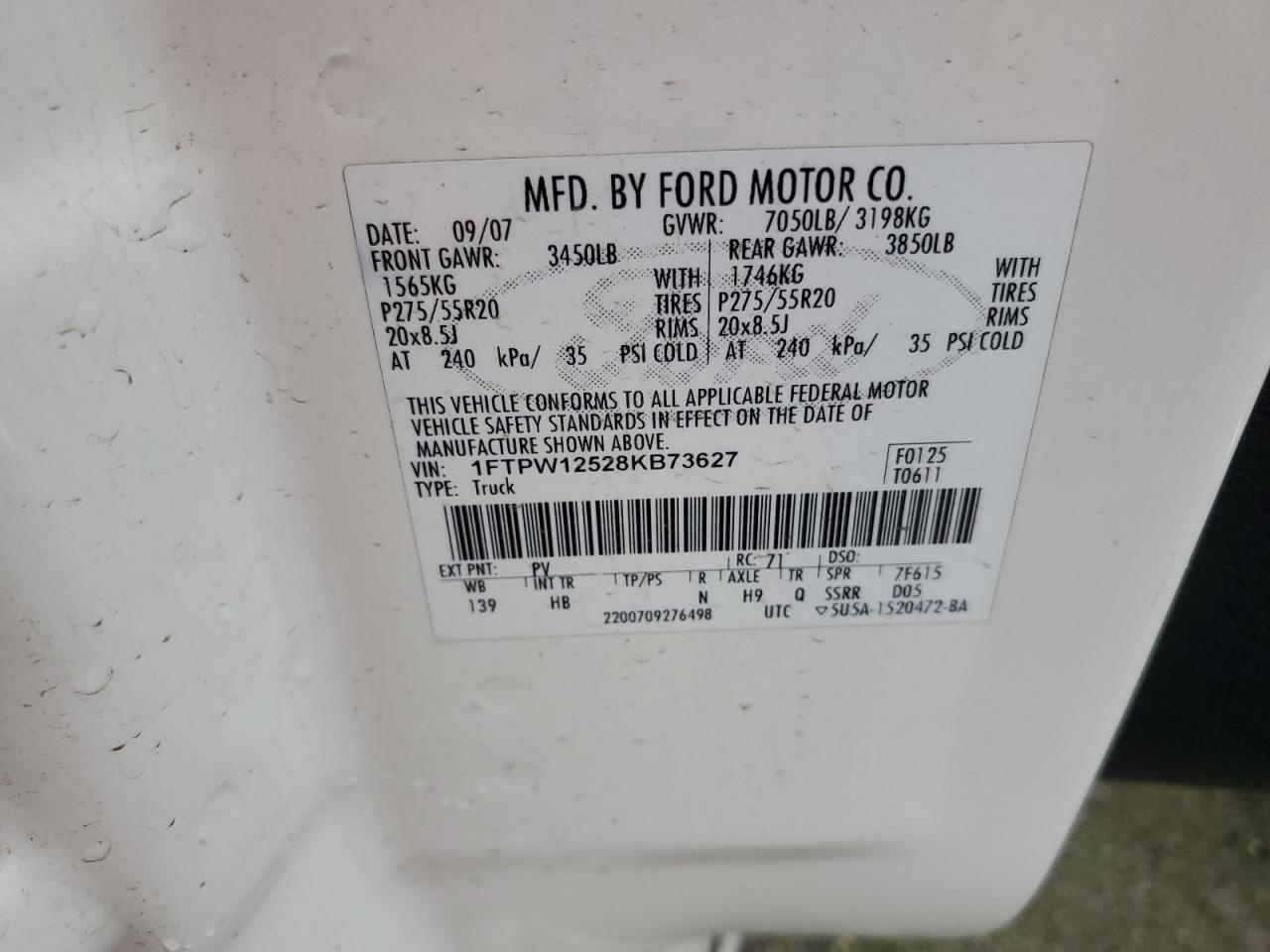 2008 Ford F150 Supercrew VIN: 1FTPW12528KB73627 Lot: 86753664