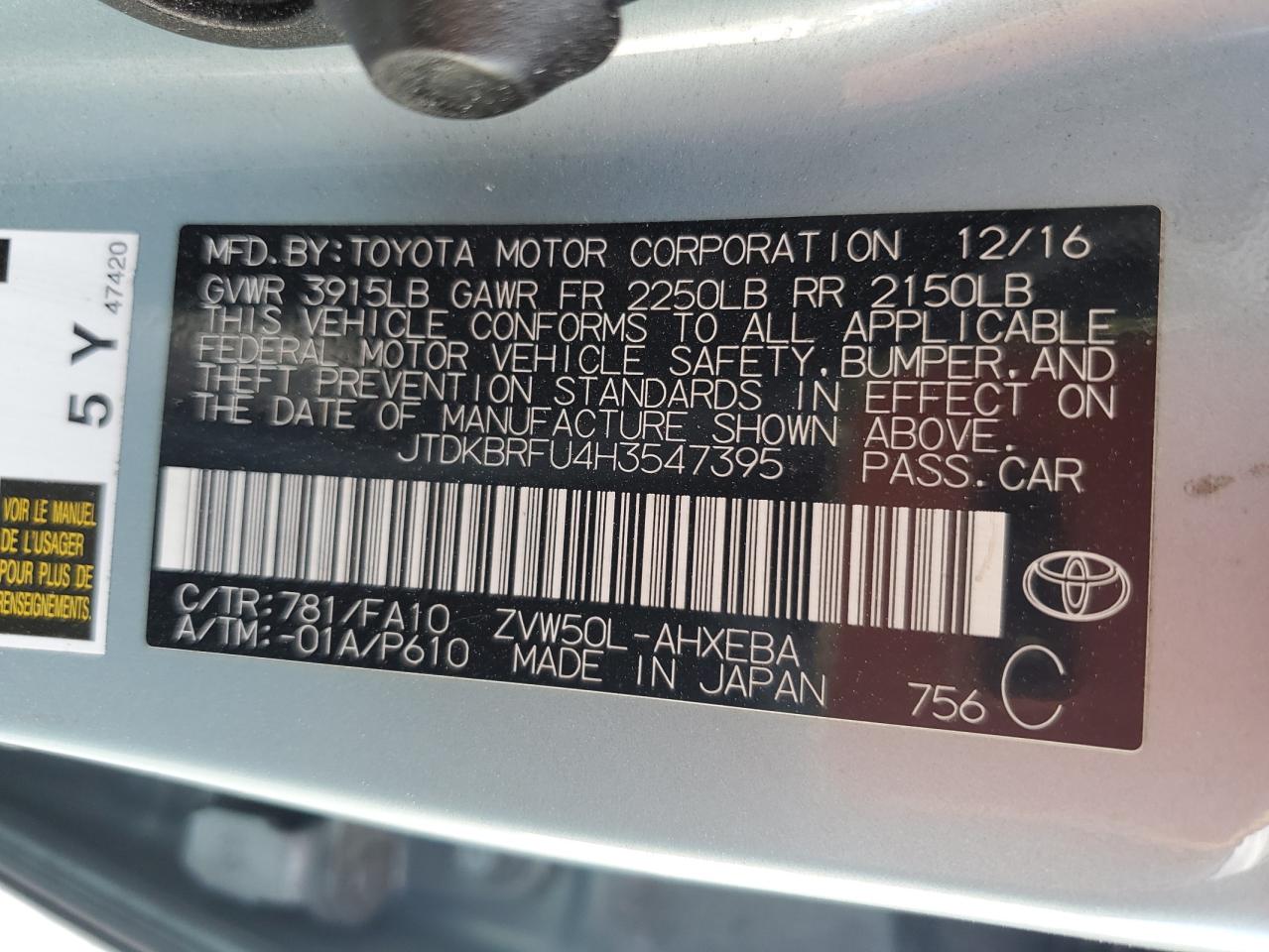 VIN JTDKBRFU4H3547395 2017 TOYOTA PRIUS no.12