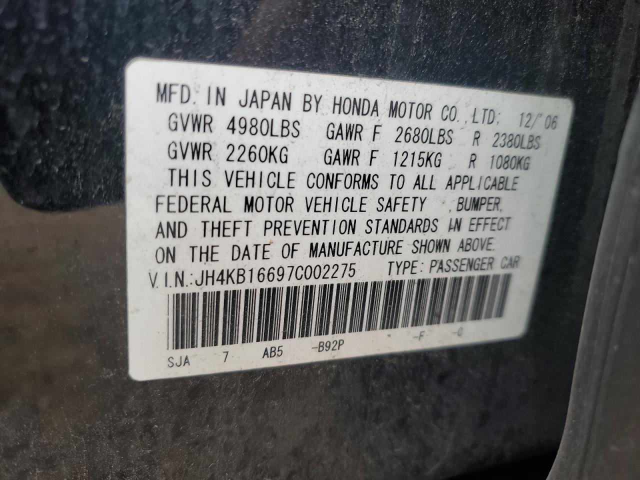 2007 Acura Rl VIN: JH4KB16697C002275 Lot: 82517284