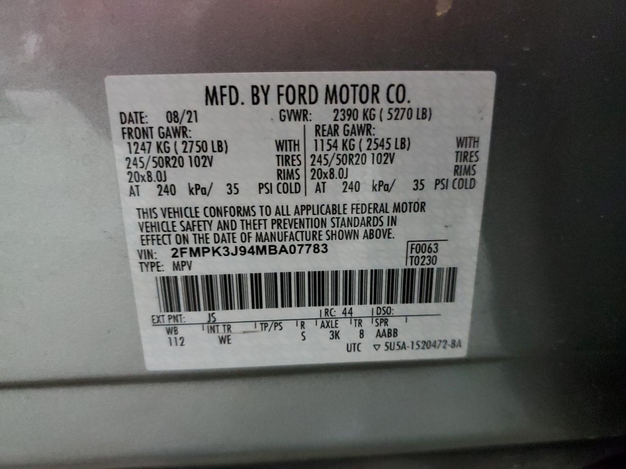 VIN 2FMPK3J94MBA07783 2021 FORD EDGE no.13