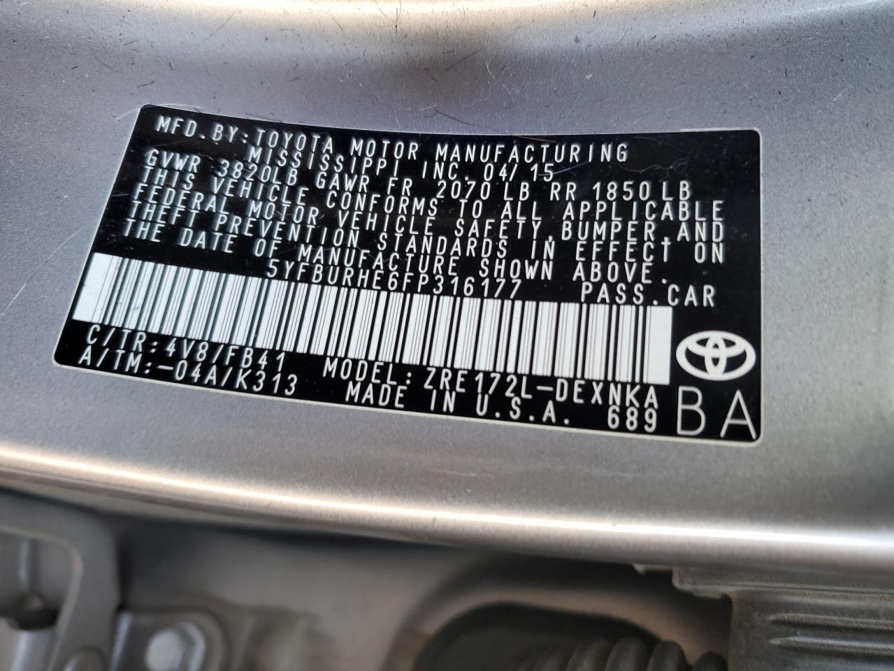 VIN 5YFBURHE6FP316177 2015 TOYOTA COROLLA no.13