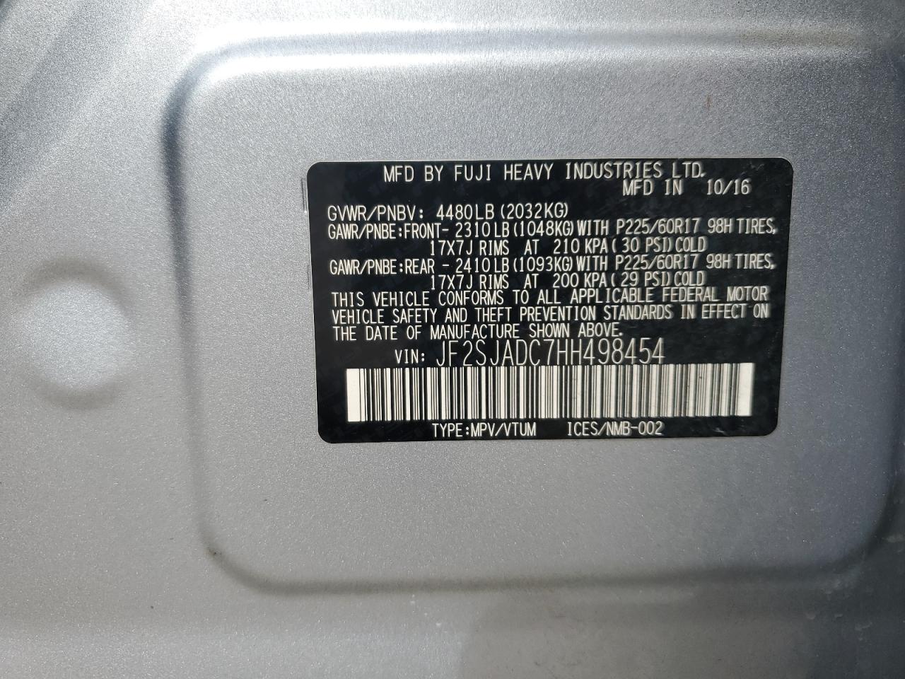 2017 Subaru Forester 2.5I Premium VIN: JF2SJADC7HH498454 Lot: 85037544