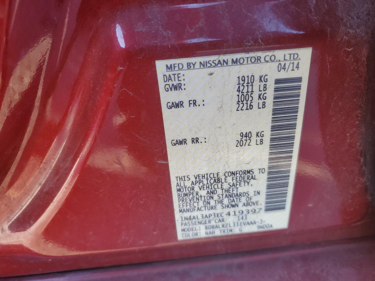 VIN 1N4AL3AP3EC419397 2014 NISSAN ALTIMA no.13