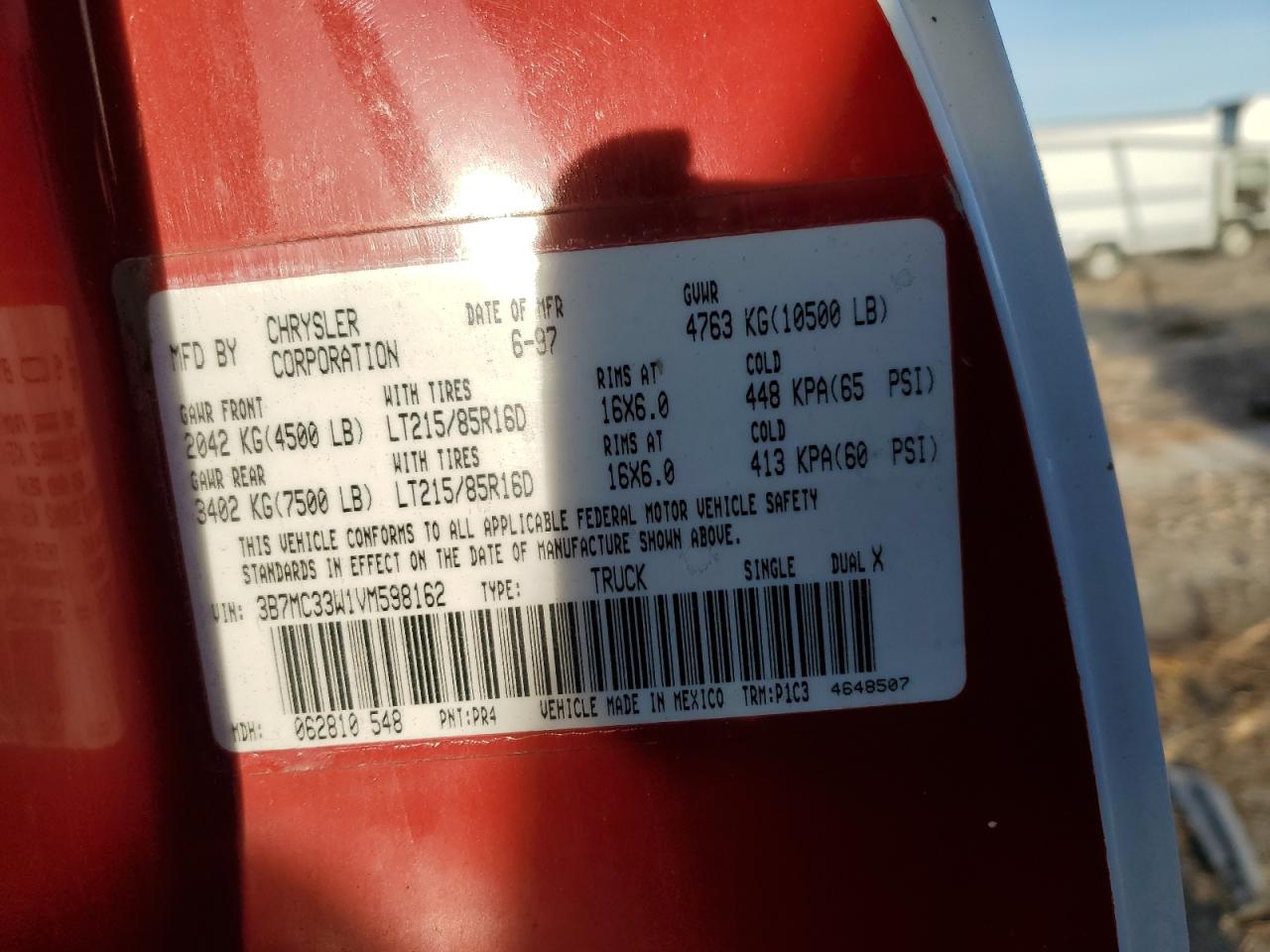 1997 Dodge Ram 3500 VIN: 3B7MC33W1VM598162 Lot: 85955724