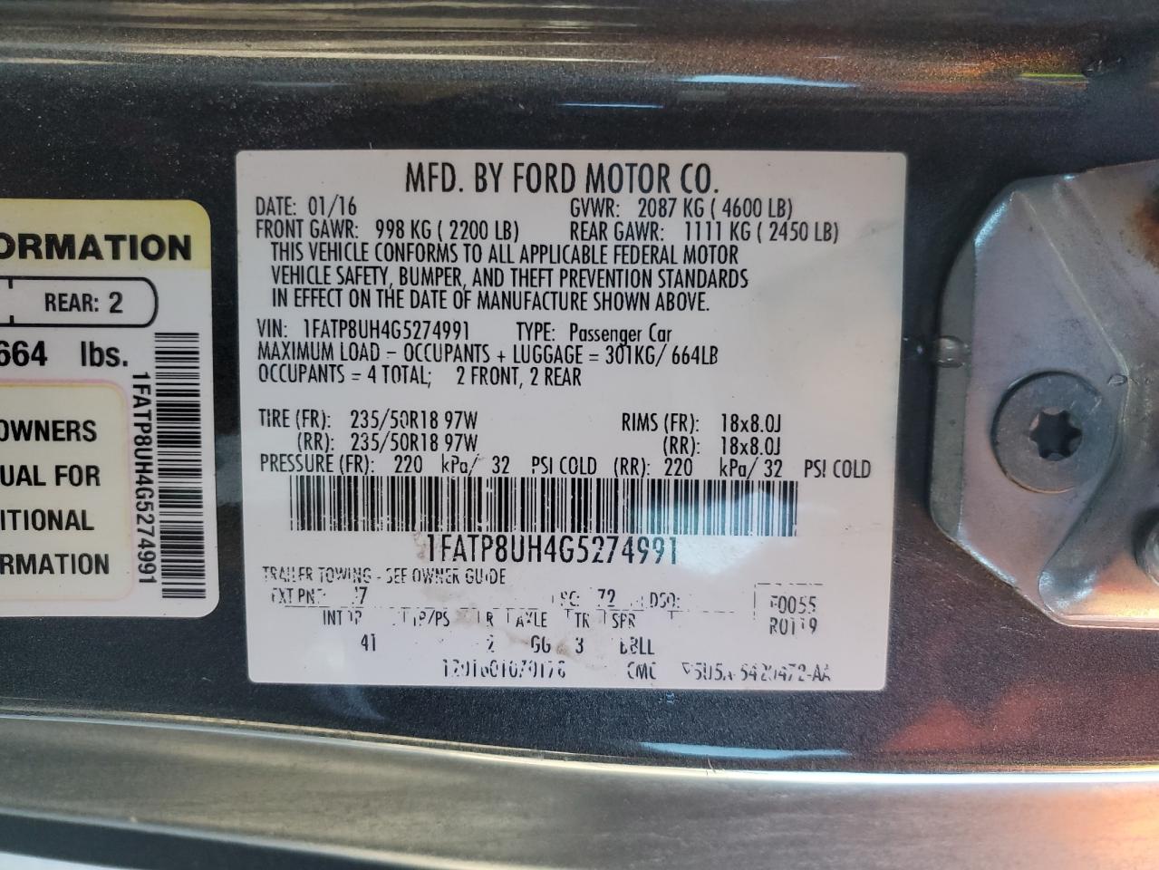 VIN 1FATP8UH4G5274991 2016 FORD ALL Models no.12