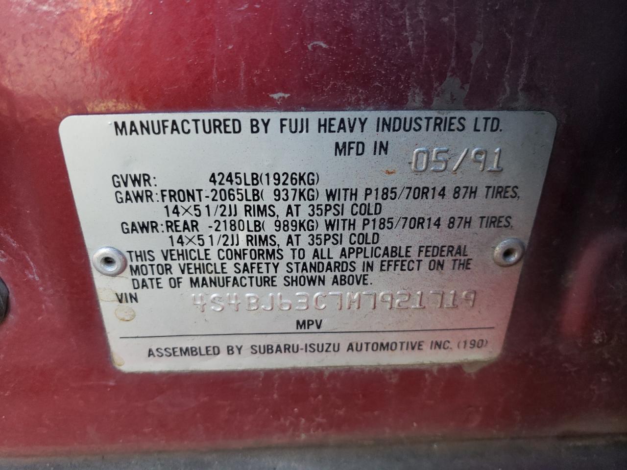 1991 Subaru Legacy L VIN: 4S4BJ63C7M7921719 Lot: 83724634