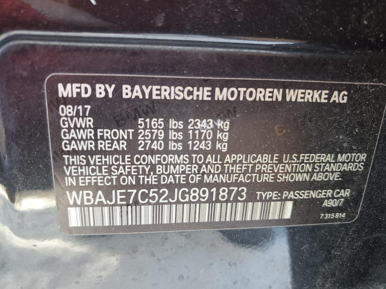 VIN WBAJE7C52JG891873 2018 BMW 5 SERIES no.12