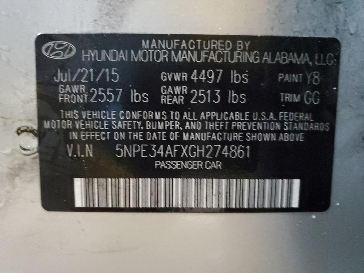 VIN 5NPE34AFXGH274861 2016 HYUNDAI SONATA no.12