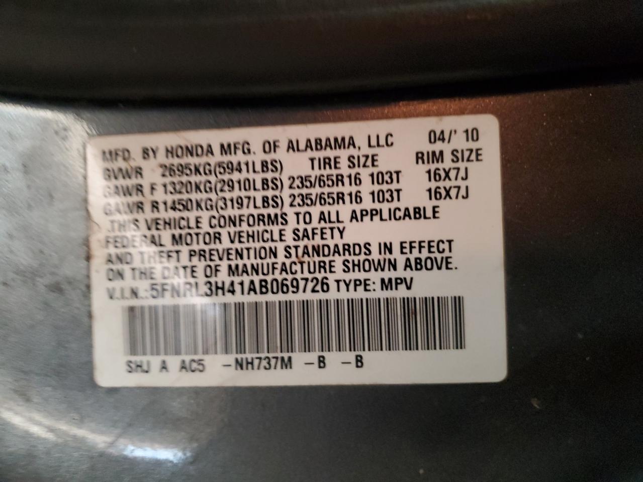 2010 Honda Odyssey Ex VIN: 5FNRL3H41AB069726 Lot: 85525864