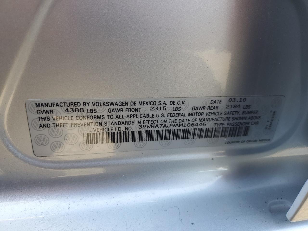 2010 Volkswagen Jetta Wolfsburg VIN: 3VWRA7AJ9AM106446 Lot: 86304104