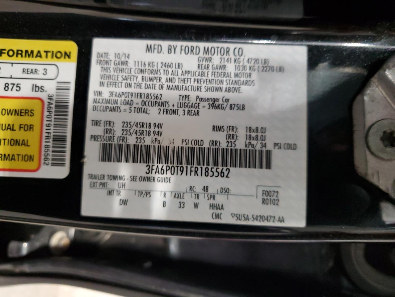 VIN 3FA6P0T91FR185562 2015 FORD FUSION no.12