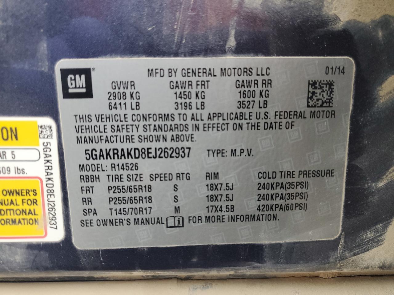 2014 Buick Enclave VIN: 5GAKRAKD8EJ262937 Lot: 82228094