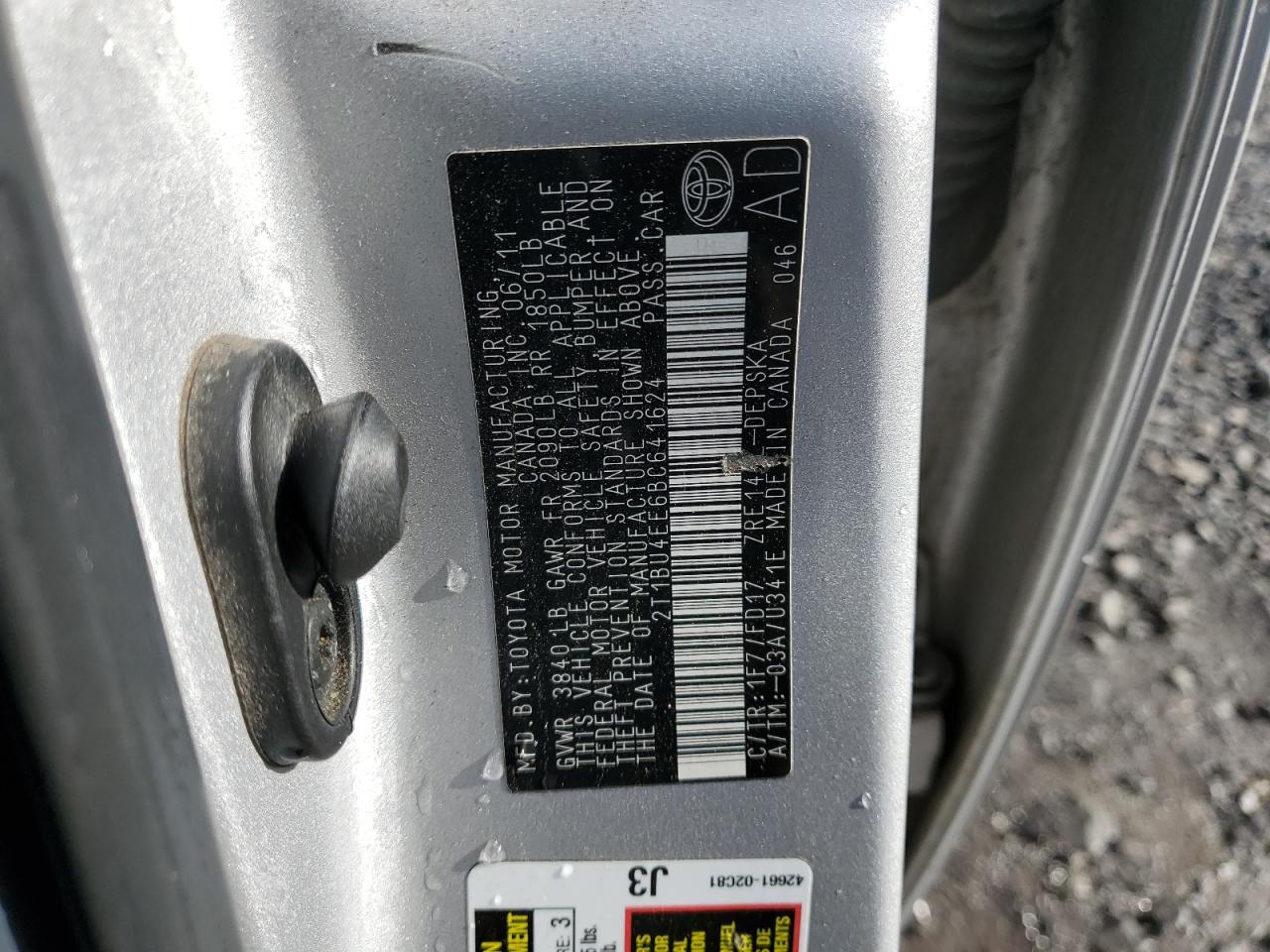 2011 Toyota Corolla Base VIN: 2T1BU4EE6BC641624 Lot: 83102674