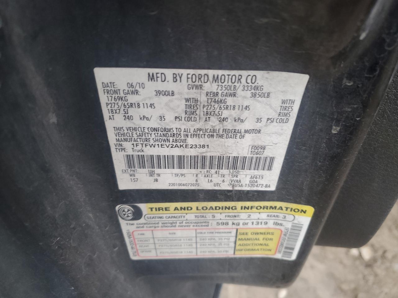 2010 Ford F150 Supercrew VIN: 1FTFW1EV2AKE23381 Lot: 84661354