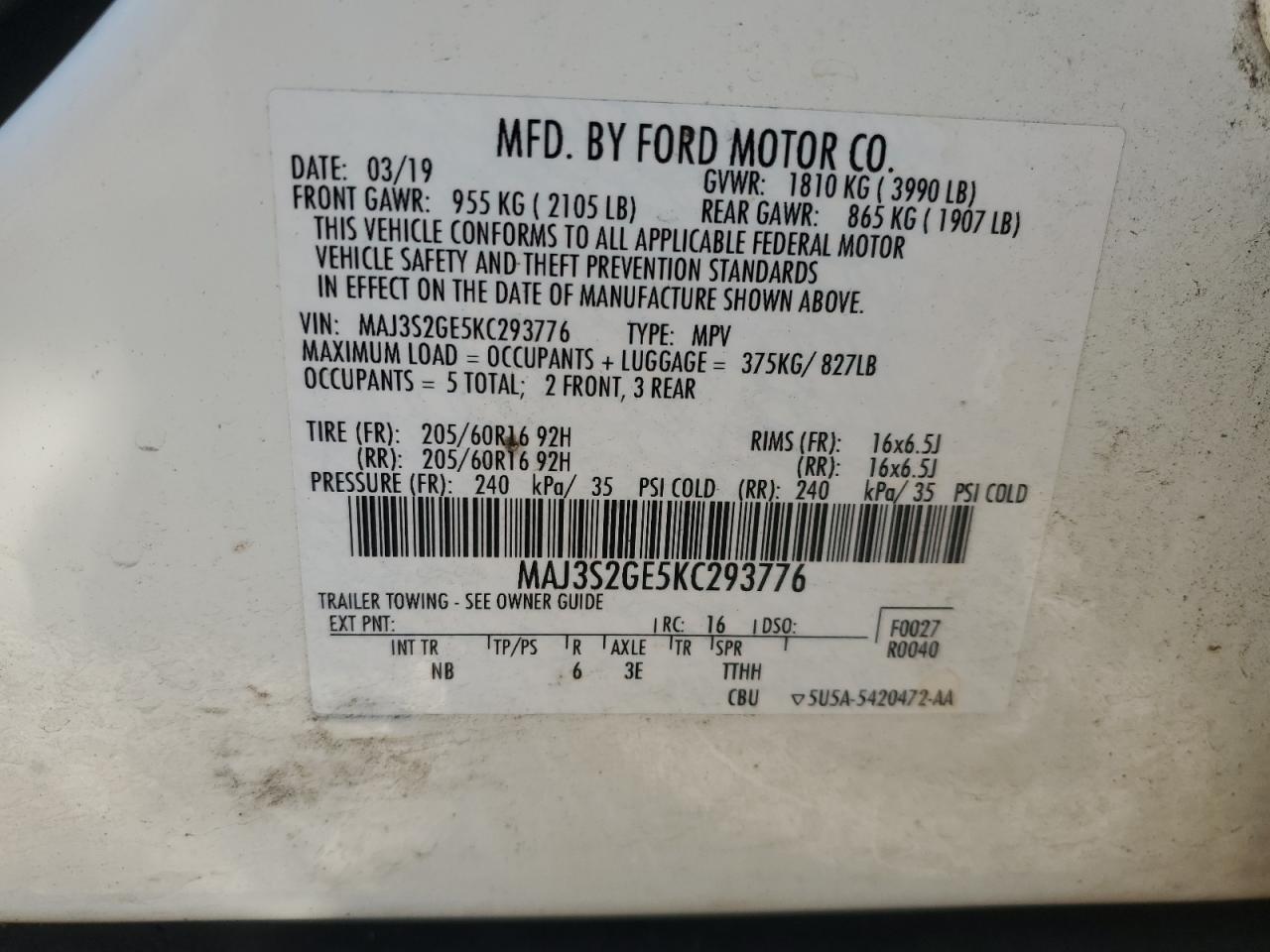 2019 Ford Ecosport Se VIN: MAJ3S2GE5KC293776 Lot: 83441804