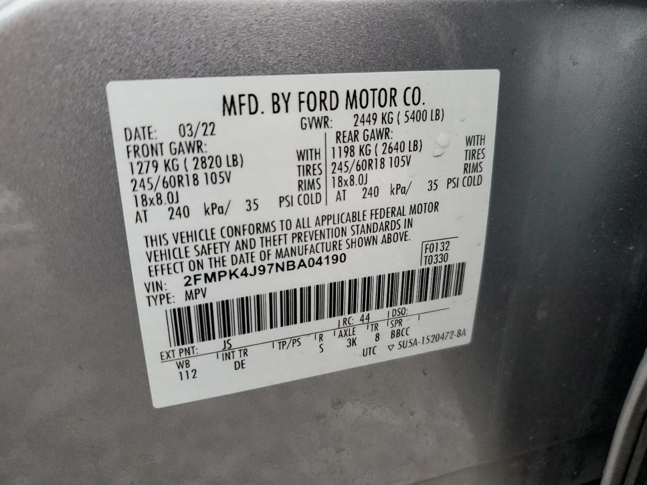 VIN 2FMPK4J97NBA04190 2022 FORD EDGE no.14