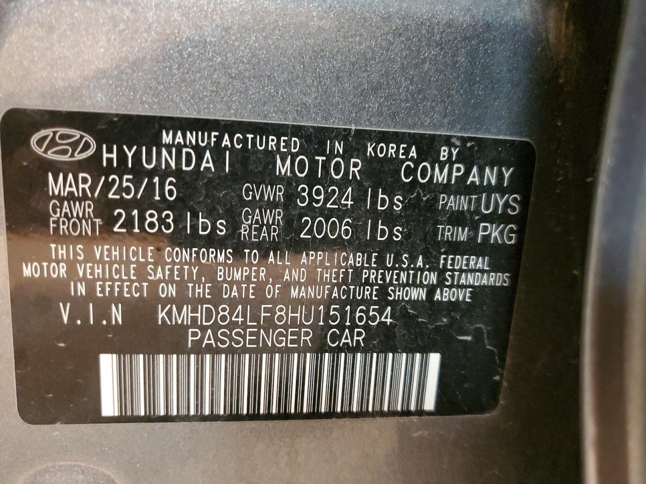 VIN KMHD84LF8HU151654 2017 HYUNDAI ELANTRA no.12