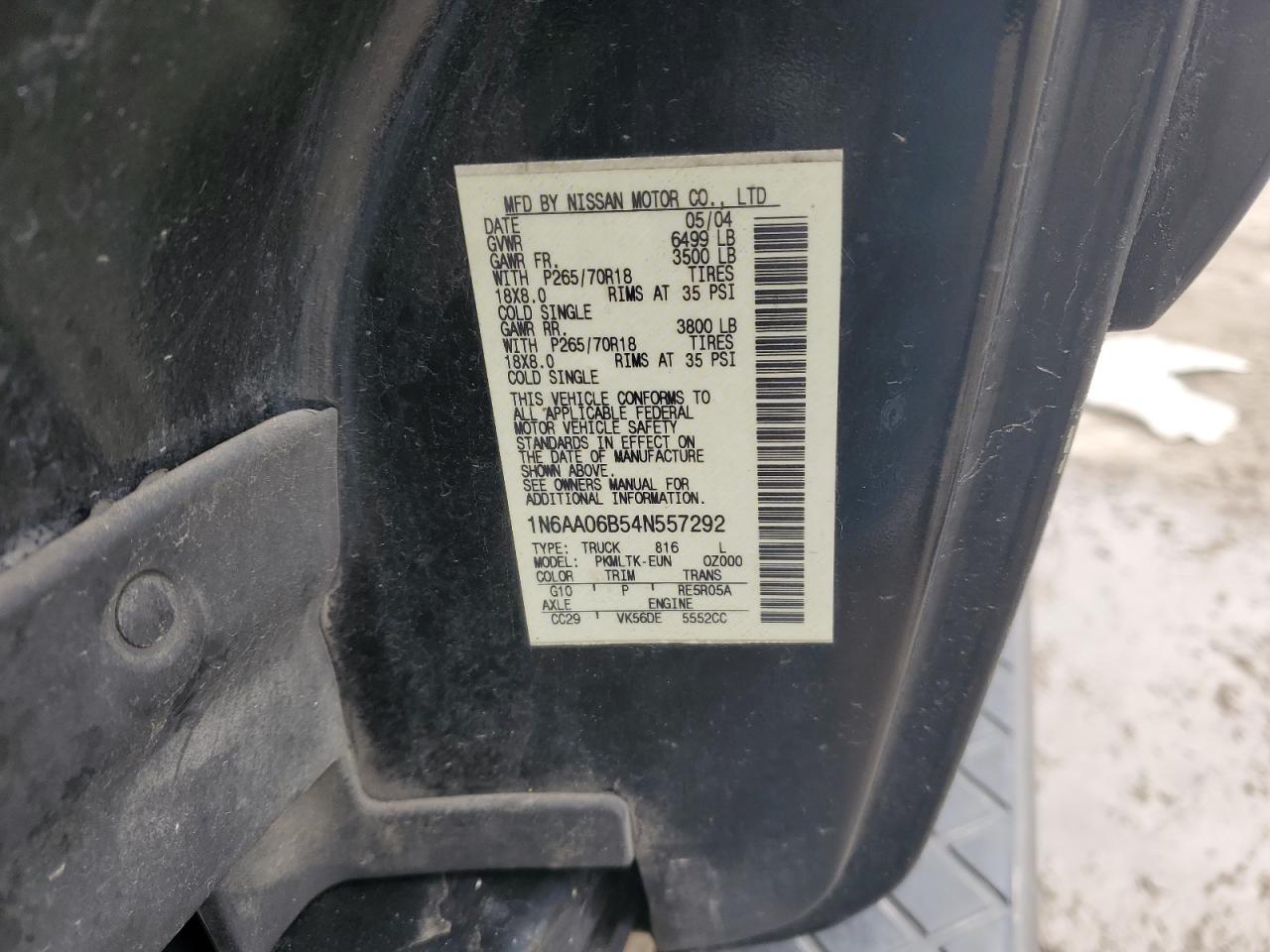 2004 Nissan Titan Xe VIN: 1N6AA06B54N557292 Lot: 85773174