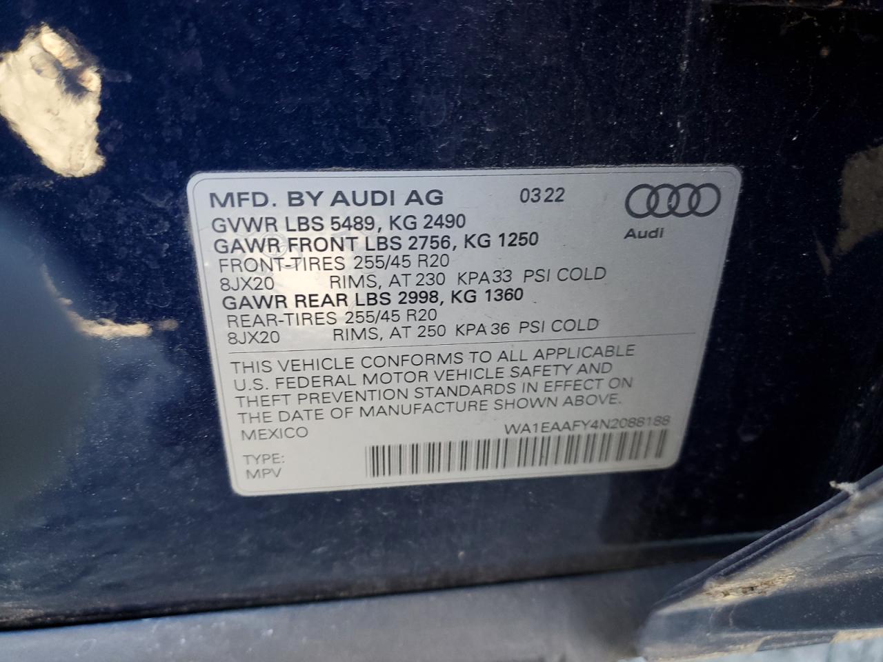 VIN WA1EAAFY4N2088188 2022 AUDI Q5 no.14