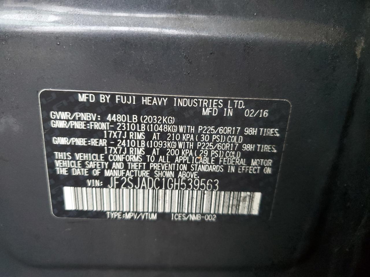 2016 Subaru Forester 2.5I Premium VIN: JF2SJADC1GH539563 Lot: 84051364