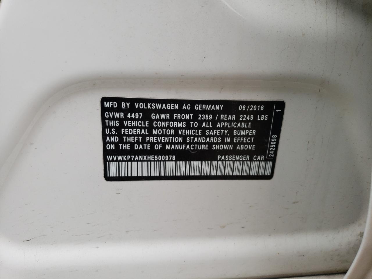 2017 Volkswagen Cc Sport VIN: WVWKP7ANXHE500978 Lot: 85522084