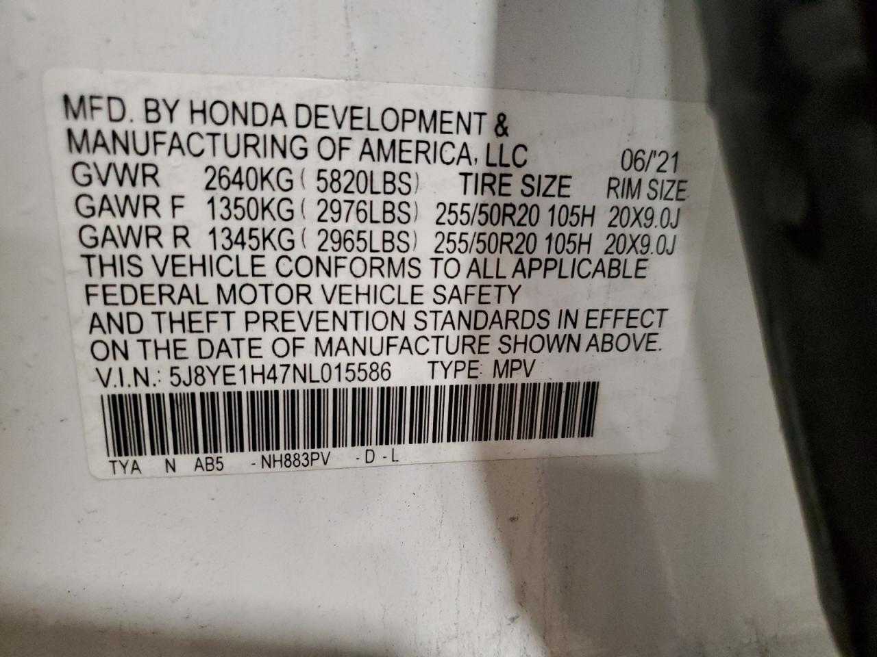 VIN 5J8YE1H47NL015586 2022 ACURA MDX no.14