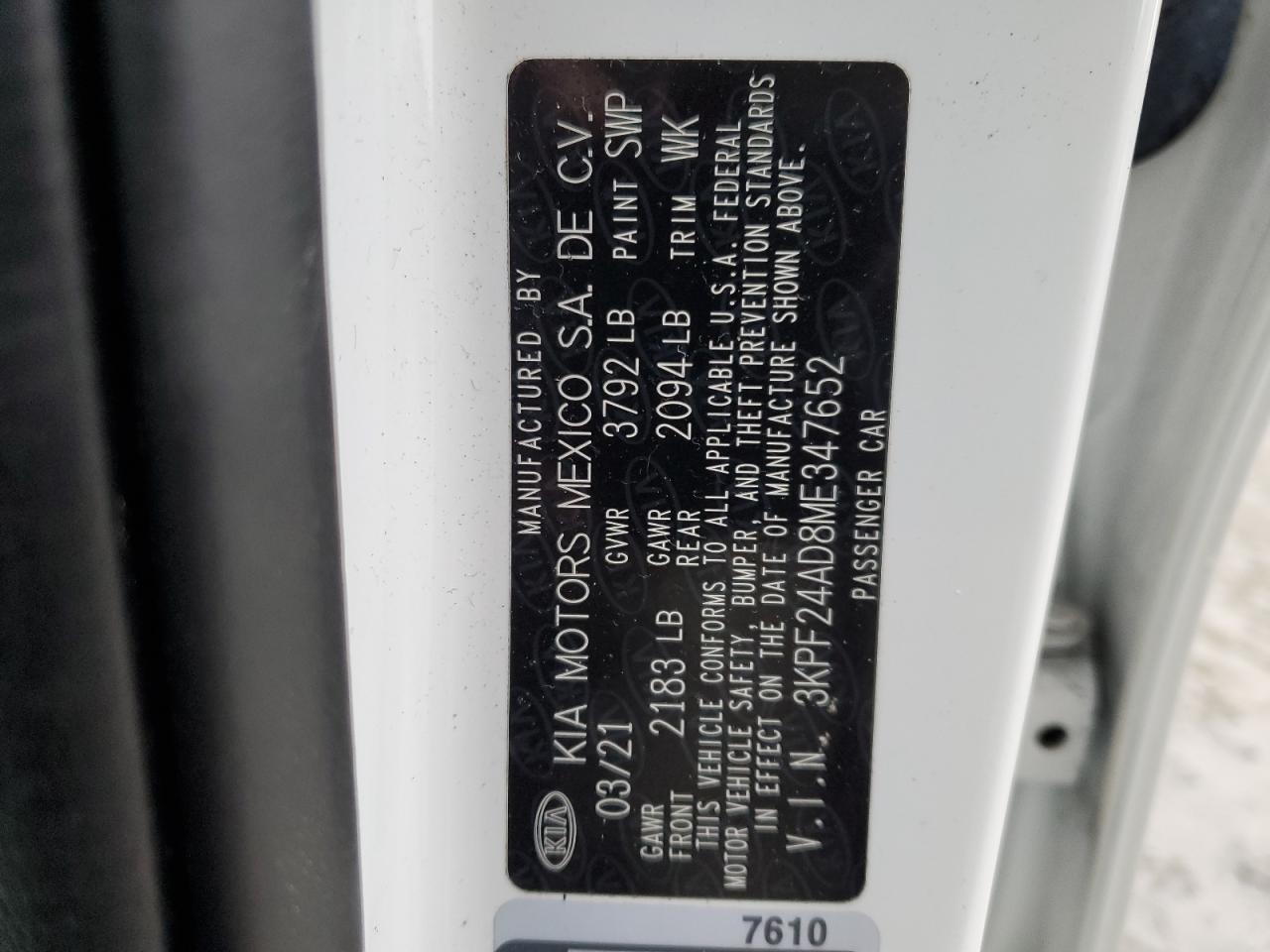 2021 Kia Forte Fe VIN: 3KPF24AD8ME347652 Lot: 86210484