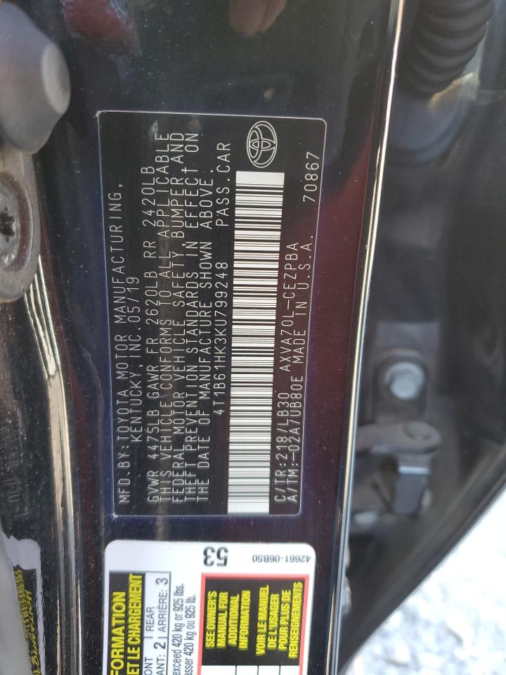 4T1B61HK3KU799248 2019 TOYOTA CAMRY - Image 12