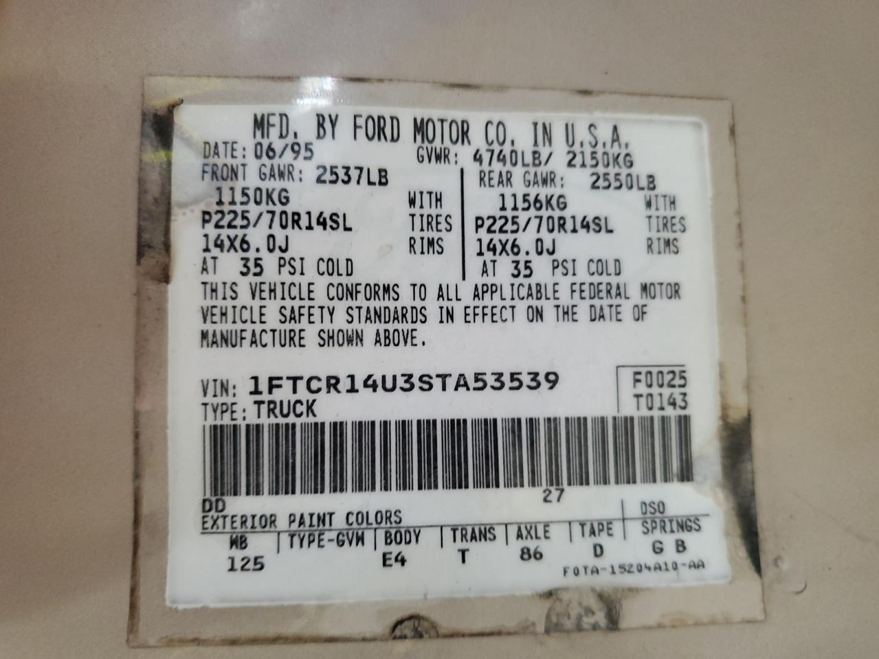 1995 Ford Ranger Super Cab VIN: 1FTCR14U3STA53539 Lot: 86415834