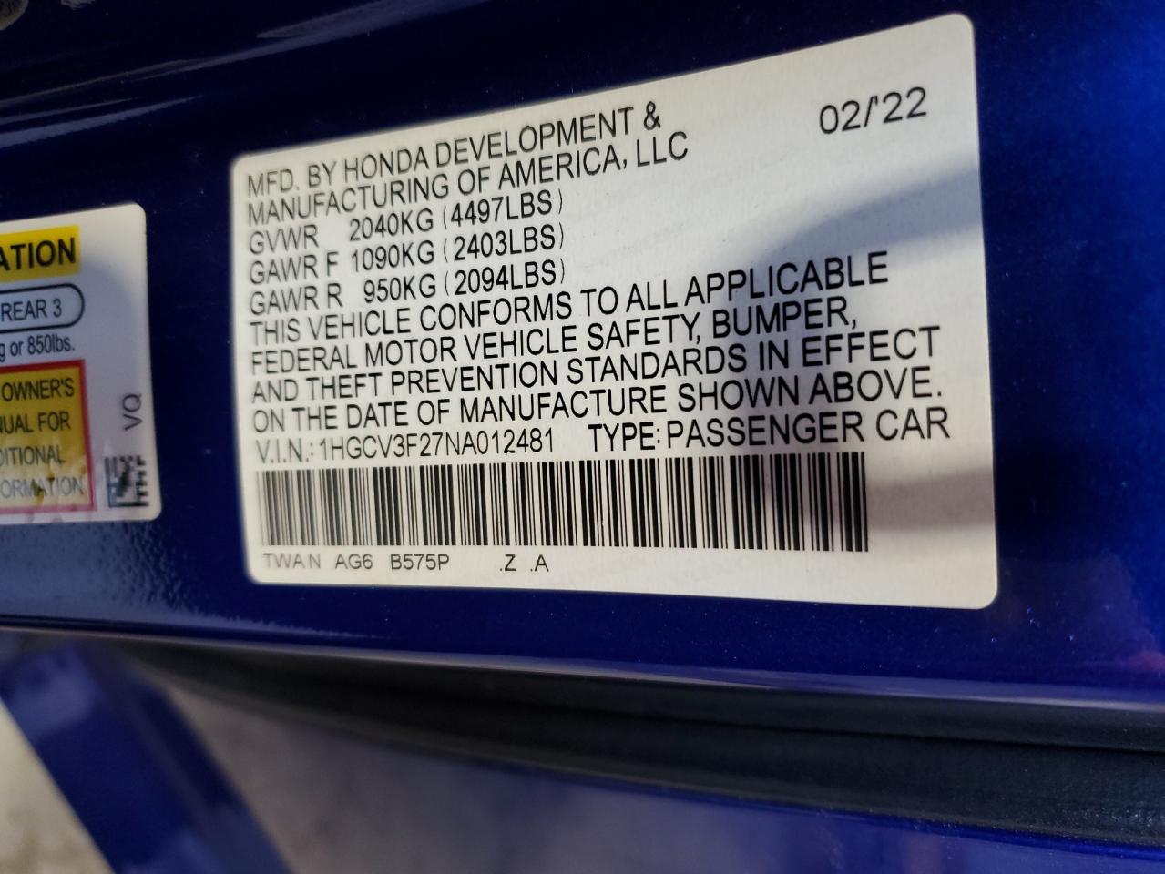 2022 Honda Accord Hybrid Sport VIN: 1HGCV3F27NA012481 Lot: 82348324