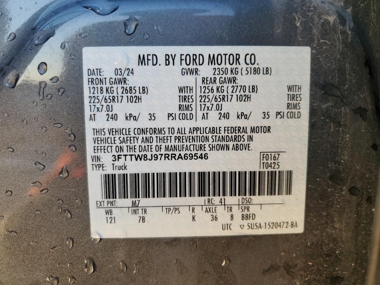 2024 Ford Maverick Xlt VIN: 3FTTW8J97RRA69546 Lot: 86252644