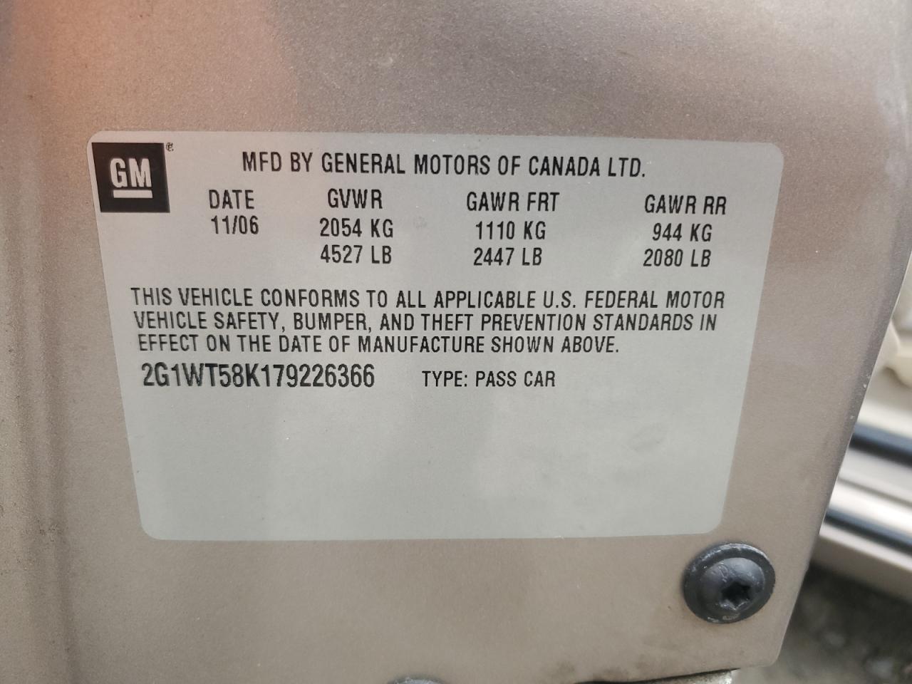 2007 Chevrolet Impala Lt VIN: 2G1WT58K179226366 Lot: 85908064