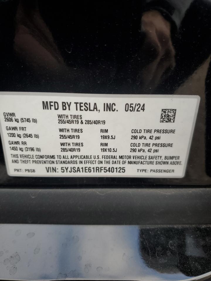 2024 Tesla Model S VIN: 5YJSA1E61RF540125 Lot: 82698994