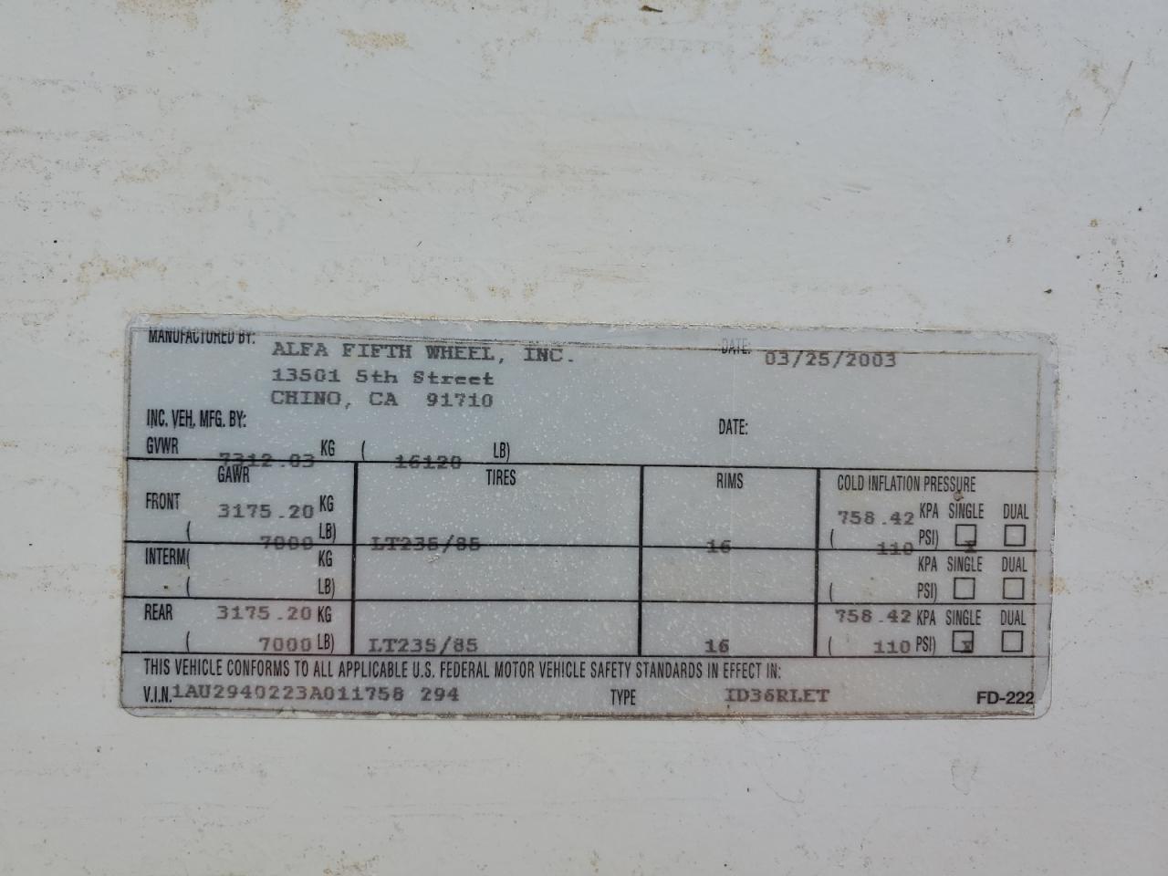 2003 Alfa Romeo 5Th Wheel VIN: 1AU2940223A011758 Lot: 84729844