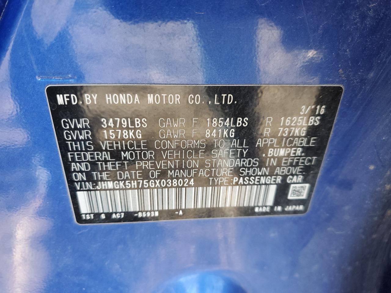 2016 Honda Fit Ex VIN: JHMGK5H75GX038024 Lot: 85699684