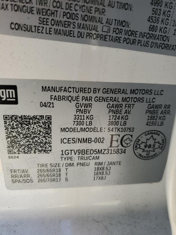 2021 GMC Sierra K1500 Sle VIN: 1GTV9BED5MZ315834 Lot: 83440844