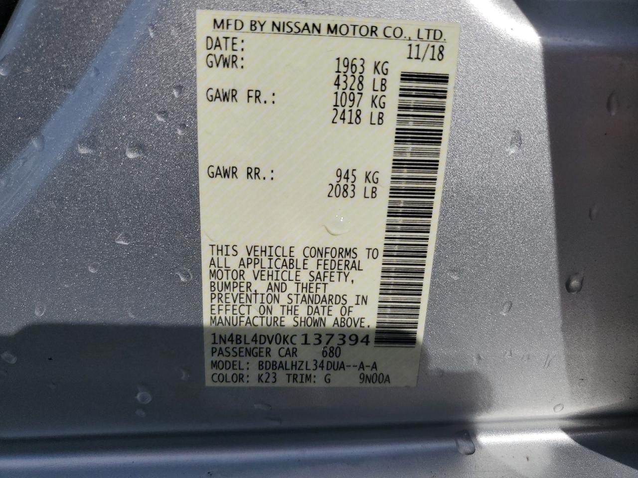 VIN 1N4BL4DV0KC137394 2019 NISSAN ALTIMA no.12