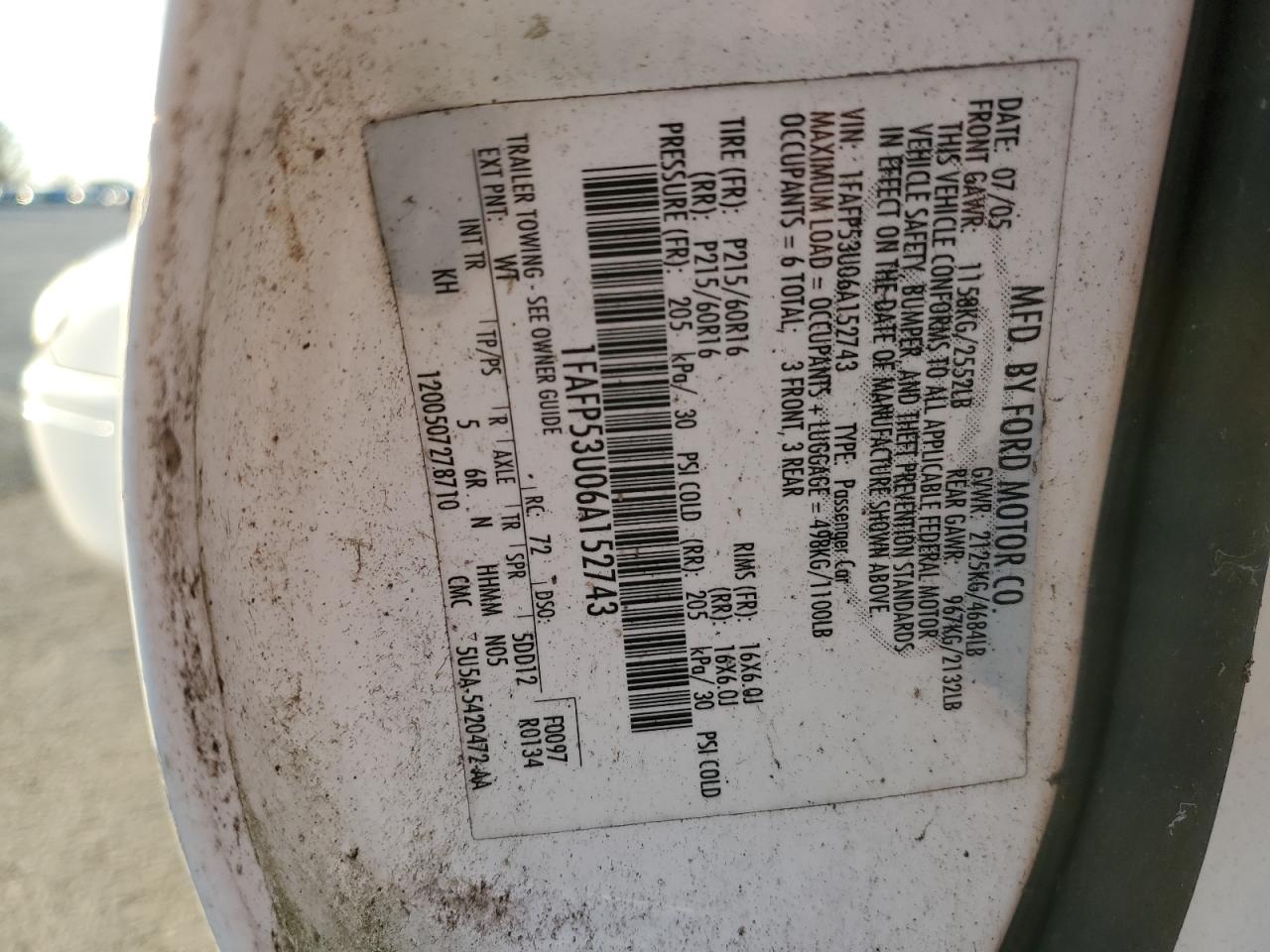 2006 Ford Taurus Se VIN: 1FAFP53U06A152743 Lot: 85254804