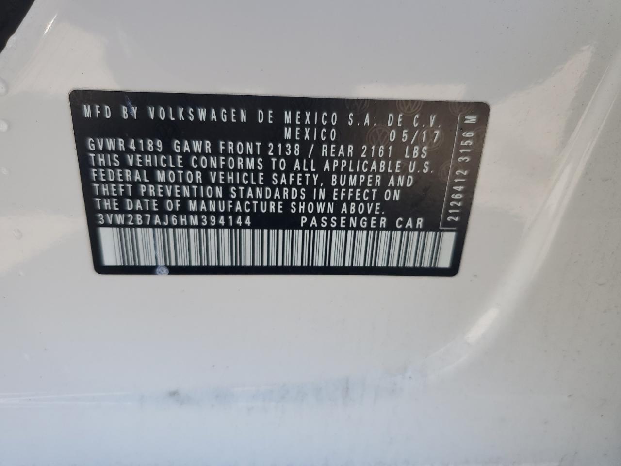 2017 Volkswagen Jetta S VIN: 3VW2B7AJ6HM394144 Lot: 84003984