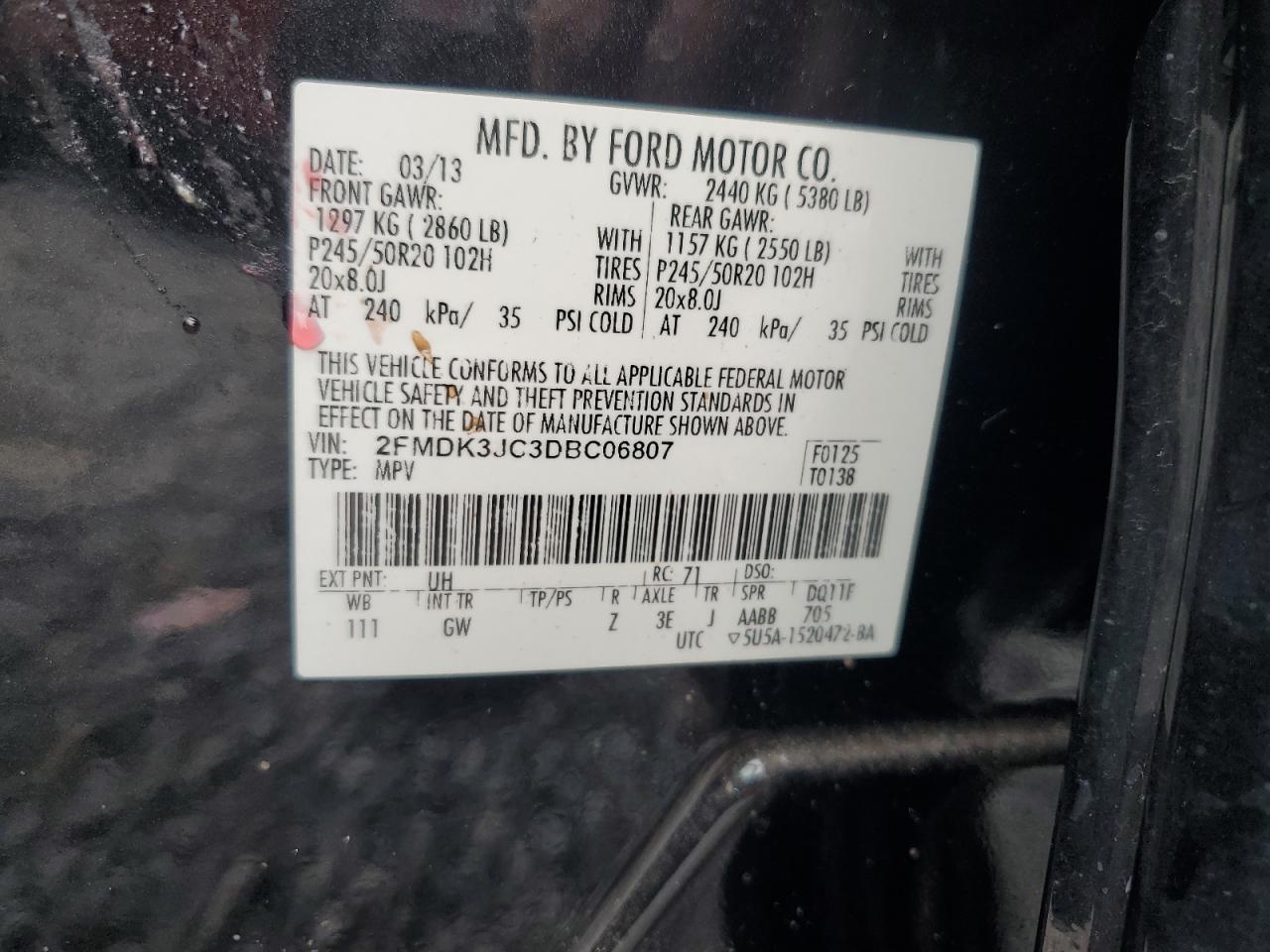 2013 Ford Edge Sel VIN: 2FMDK3JC3DBC06807 Lot: 87092354