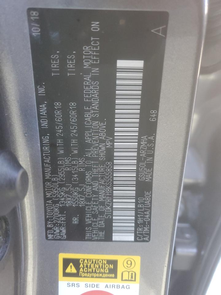 VIN 5TDKZRFH8KS555858 2019 TOYOTA HIGHLANDER no.14