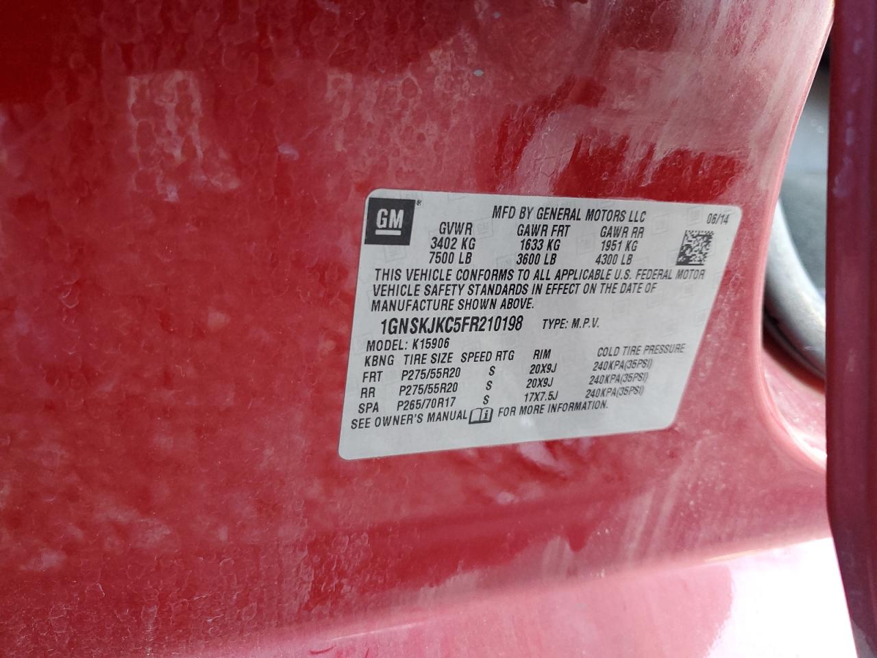 2015 Chevrolet Suburban K1500 Lt VIN: 1GNSKJKC5FR210198 Lot: 85935294