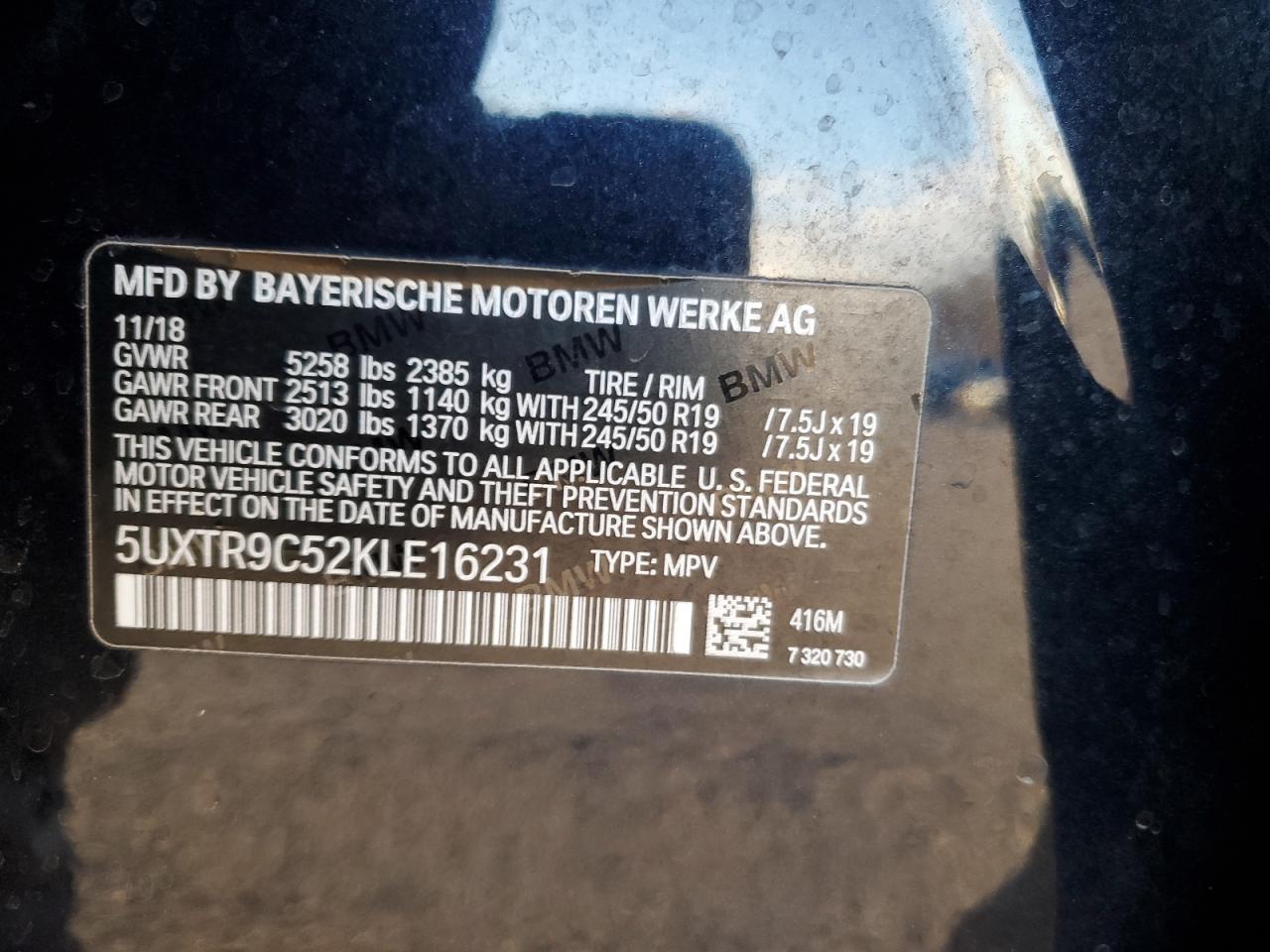 VIN 5UXTR9C52KLE16231 2019 BMW X3 no.12