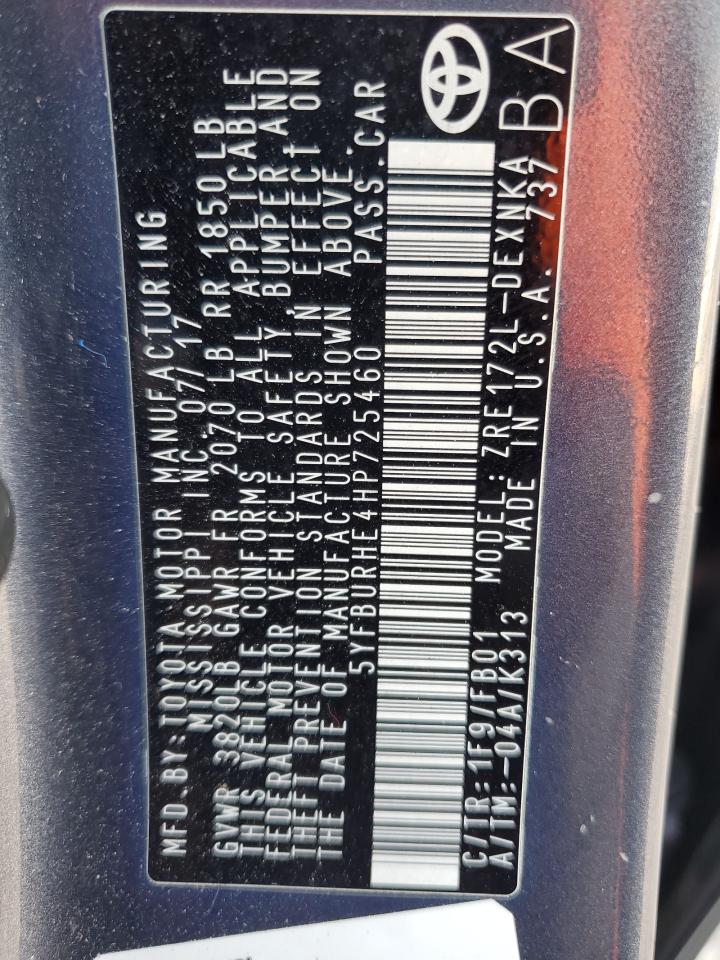 2017 Toyota Corolla L VIN: 5YFBURHE4HP725460 Lot: 85598864