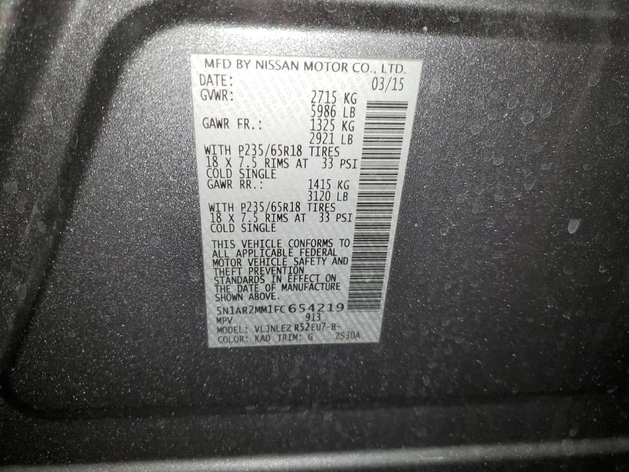 2015 Nissan Pathfinder S VIN: 654219 Lot: 84349924